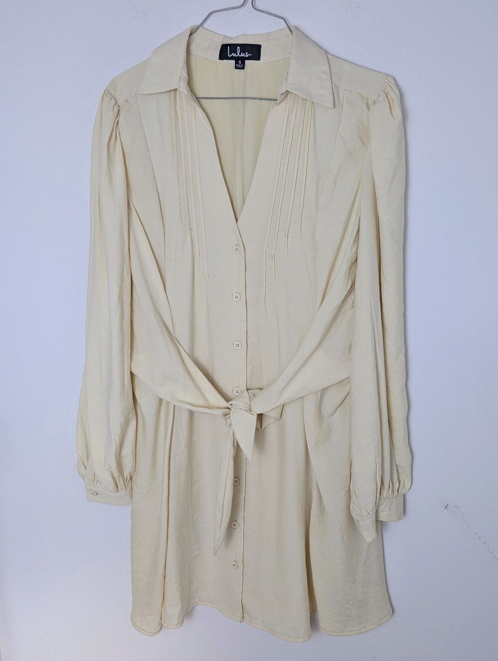 Lulus Sway of Life Cream Button-Up Tie-Front Shirt Dress sz S Long Sleeve EUC - Picture 5 of 16